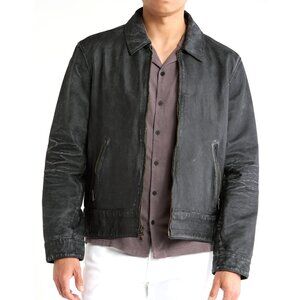 John Varvatos Men's Asher Heritage Zip Up Bomber Jacket Crinkled Leather Black